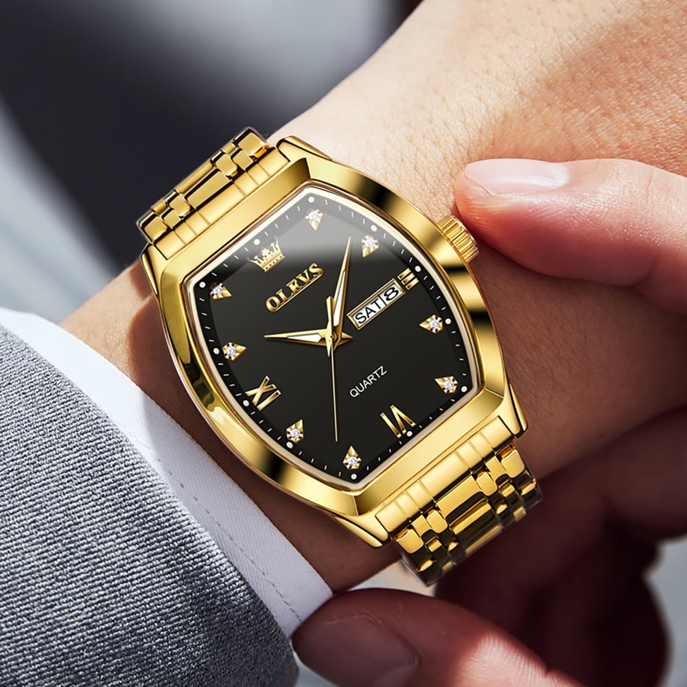 OLEVS Mens Watches Square Business Dress Diamond Analog Quartz Date Luxury Watches for Men Dress Casual Stainless Steel Waterproof Luminous Mens Wrist Watches Gifts Reloj para Hombre Gold/Black Dial