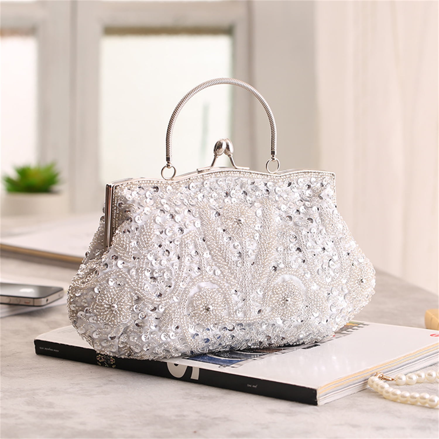 Silver Sequin Clutch Bag Sparkly Top Handle Evening Clutches | Baginning