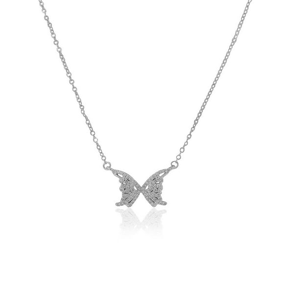 925 Sterling Silver White Clear CZ Butterfly Pendant Necklace, 18"