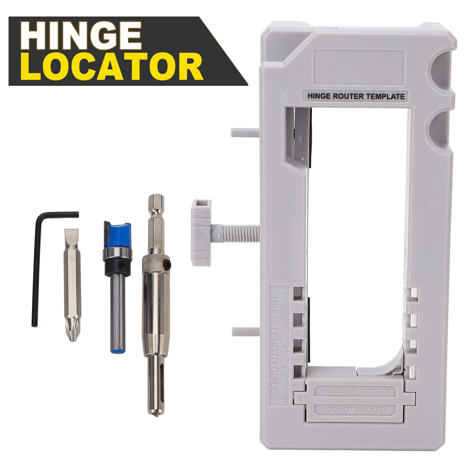 YAHHU Door Hinge Locator & Adjustable Jig Kit – 3‑5” Length, ¼‑5/8” Thickness, Plastic with Silicone Pads, Depth Gauge, Self‑Centering Drill Bit, 5‑Piece Tool Set