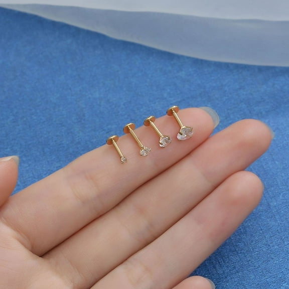 316 Surgical Stainless Steel Clear Cubic Zirconia Threadless Labret Stud Tragus Stud Flat Back Earring Golden 8mm Pin: 1.2mm Head: 4mm