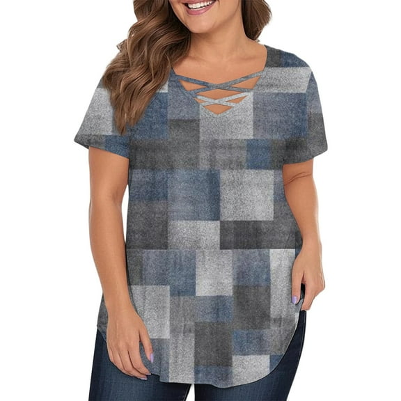 TQWQT Women's Plus Size Tops Fashion Women's Plus Size Tunic Tops V Neck Criss Cross Plus Size Tunic Tops Short Sleeves Striped Color Block Dressy Casual Tunics Women Loose Fit Clothes Royal Blue 2XL