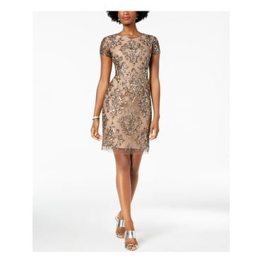ADRIANNA PAPELL Womens Beige Damask Sequined Mesh Short Sleeve Cowl Neck Above The Knee Body Con Cocktail Dress  Size 4