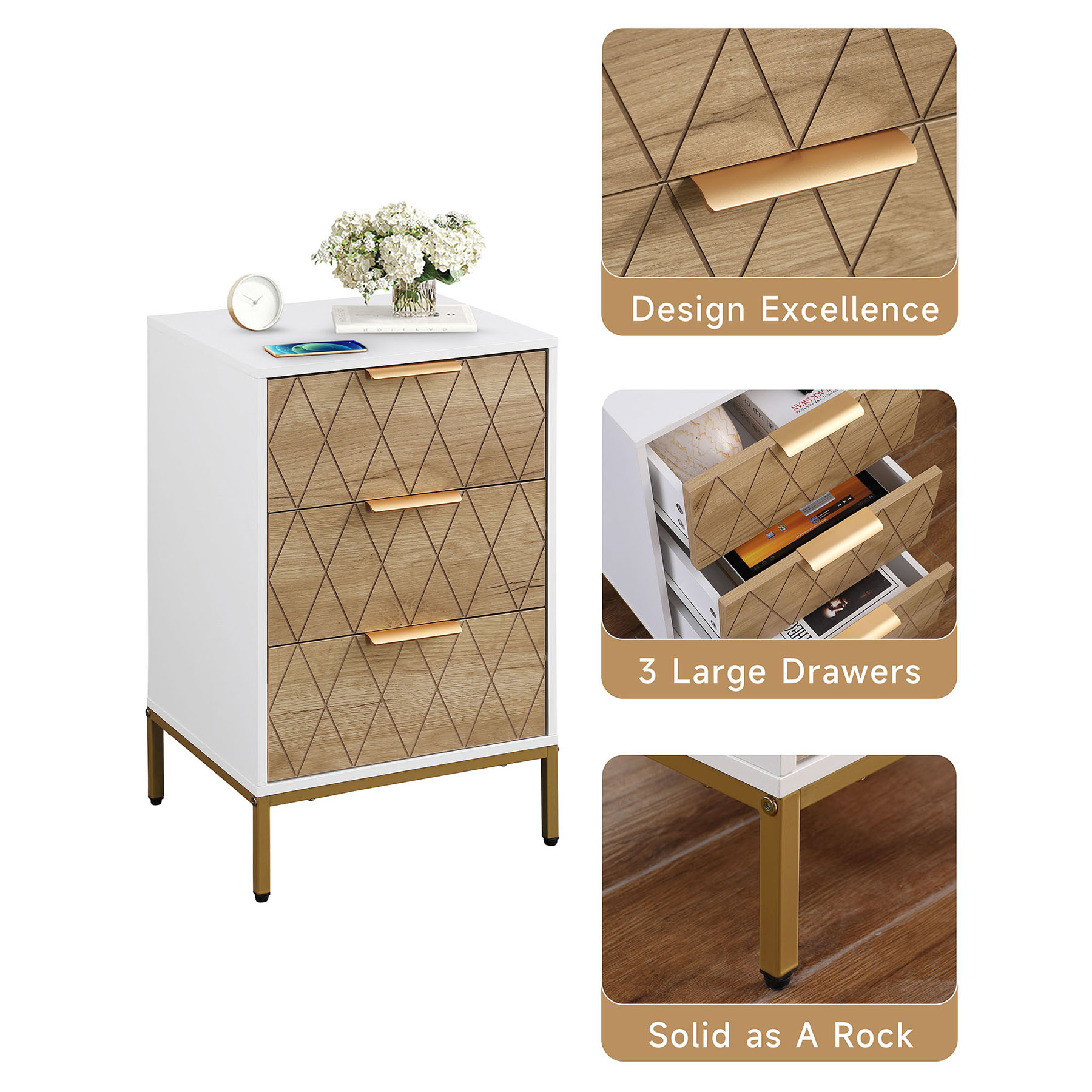 Chic Bedside Table with 3 Drawers, Perfect Modern Nightstand for Bedroom Spaces，Natural+White