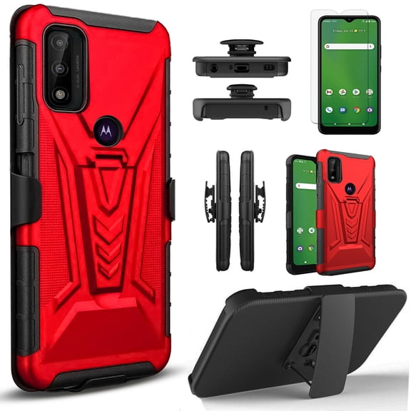 Circlemalls Case for Motorola Moto G Power 2022, Protector,Heavy Duty Shockproof Built-in Kickstand W/ Belt Clip-Red