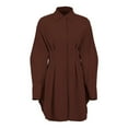 thumbnail image 3 of Female Button Up Long Sleeve Mini T Shirt Dress Lapel Collar Pleated Flared Short Dresses Brown M, 3 of 10