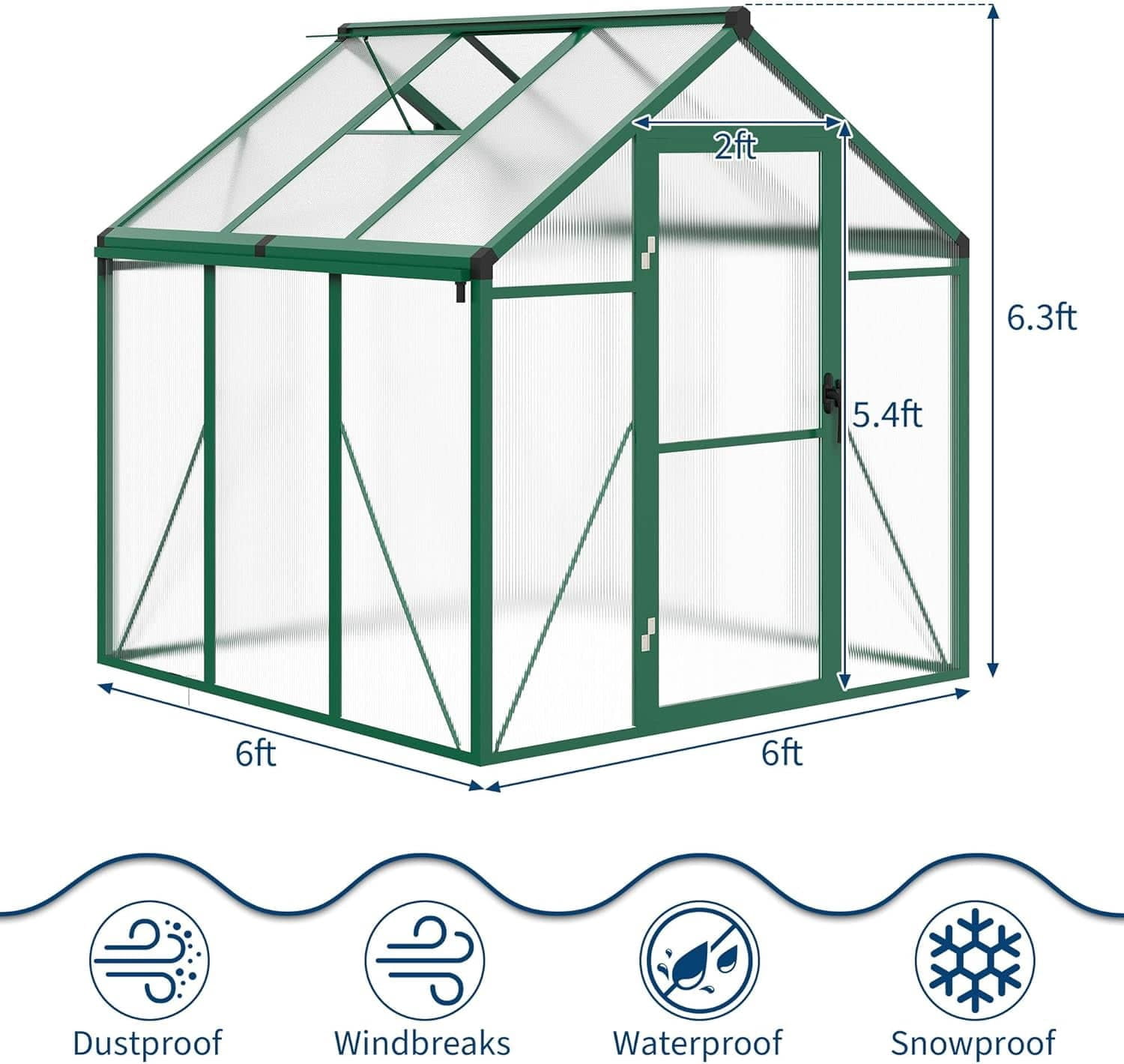 EastVita 6 x 6ft Walk-in Greenhouse Heavy-Duty Aluminum Frame Polycarbonate Panels Easy Assembly Roof Vent Ground Anchors Sliding Lockable Door for Backyard Green