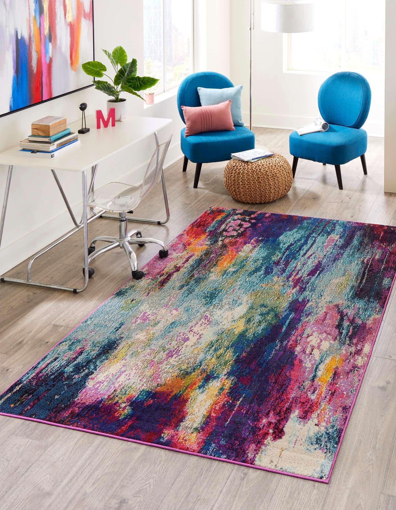 Unique Loom Indoor Rectangular Abstract Modern Area Rugs Blue/Pink