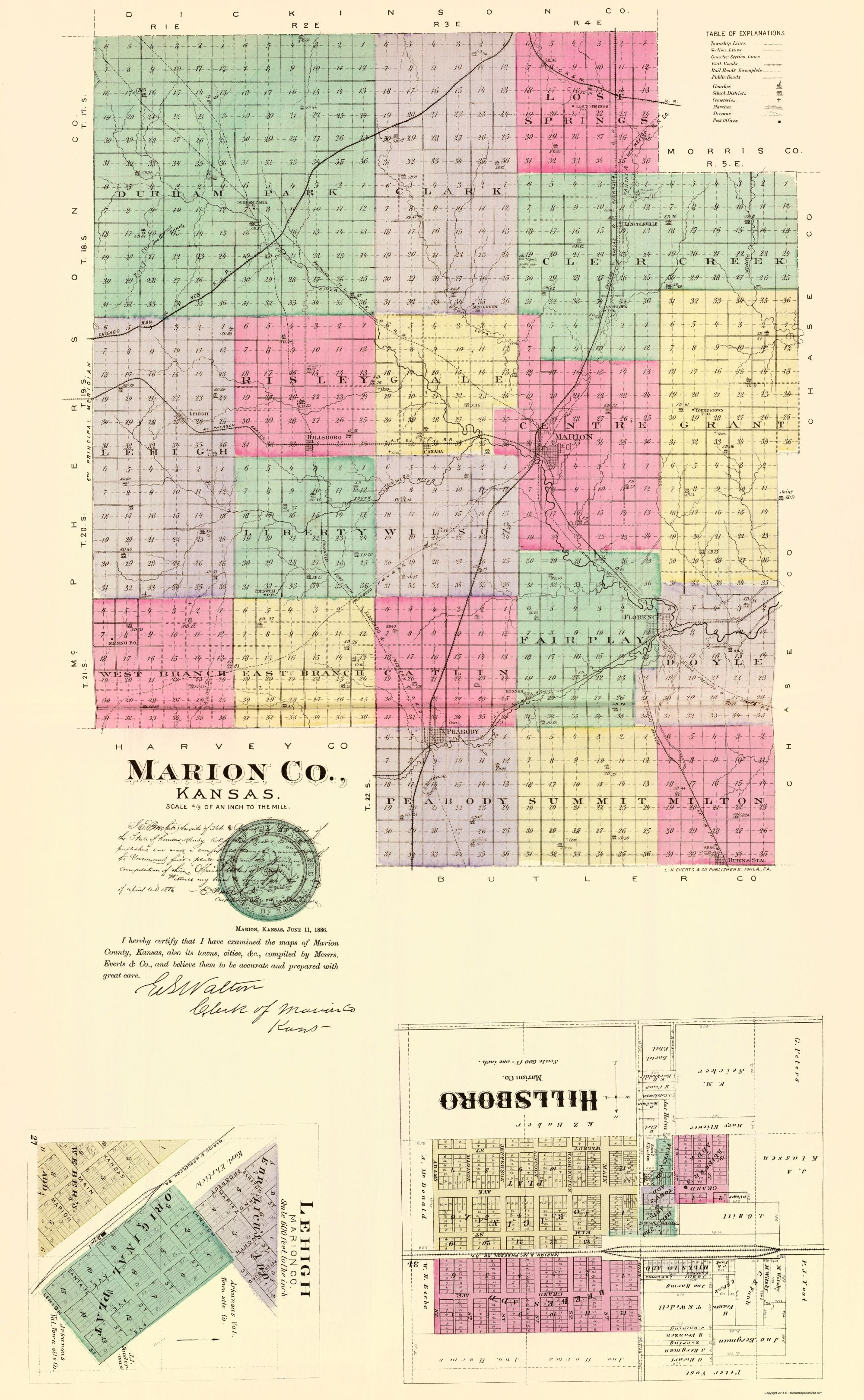 Marion County Kansas Everts 1887 23.00 x 37.25 Matte Art Paper
