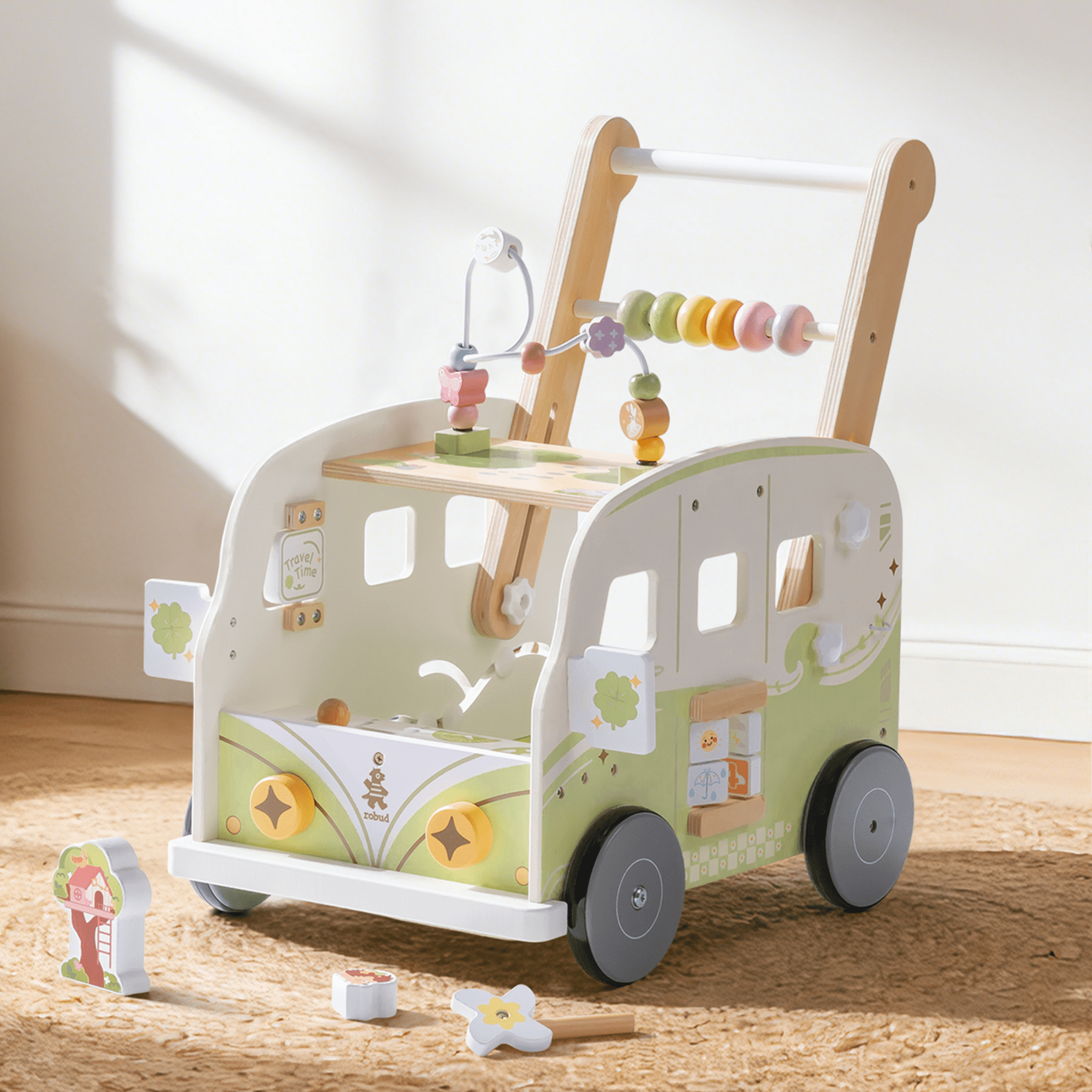 ROBUD Wooden Baby Push Walker Toy, Vacation Bus Theme with Activity Blocks, Sound & Light, Adjustable Speed, Learning Walker Gift for Toddlers 12+ Months,Green