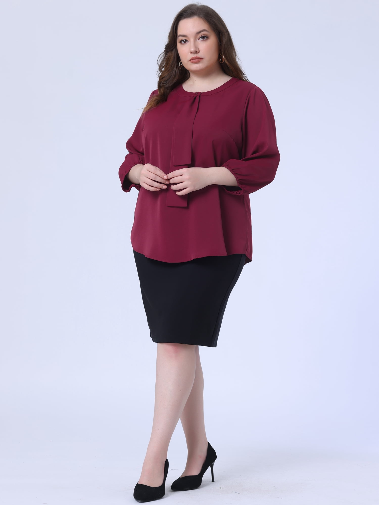 DARING DIVA Women's Plus Round Neck Work Ruffle Chiffon Top 3X Wine Red