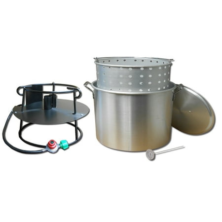 King Kooker 90 Quart Boiling Kit includes Double Jet Burner, 90Qt Pot and Basket. It is is ideal for Boiling