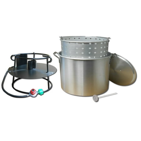 - King Kooker 90 Quart Boiling Kit includes Double Jet Burner, 90Qt Pot and Basket. It is is ideal for Boiling Seafood