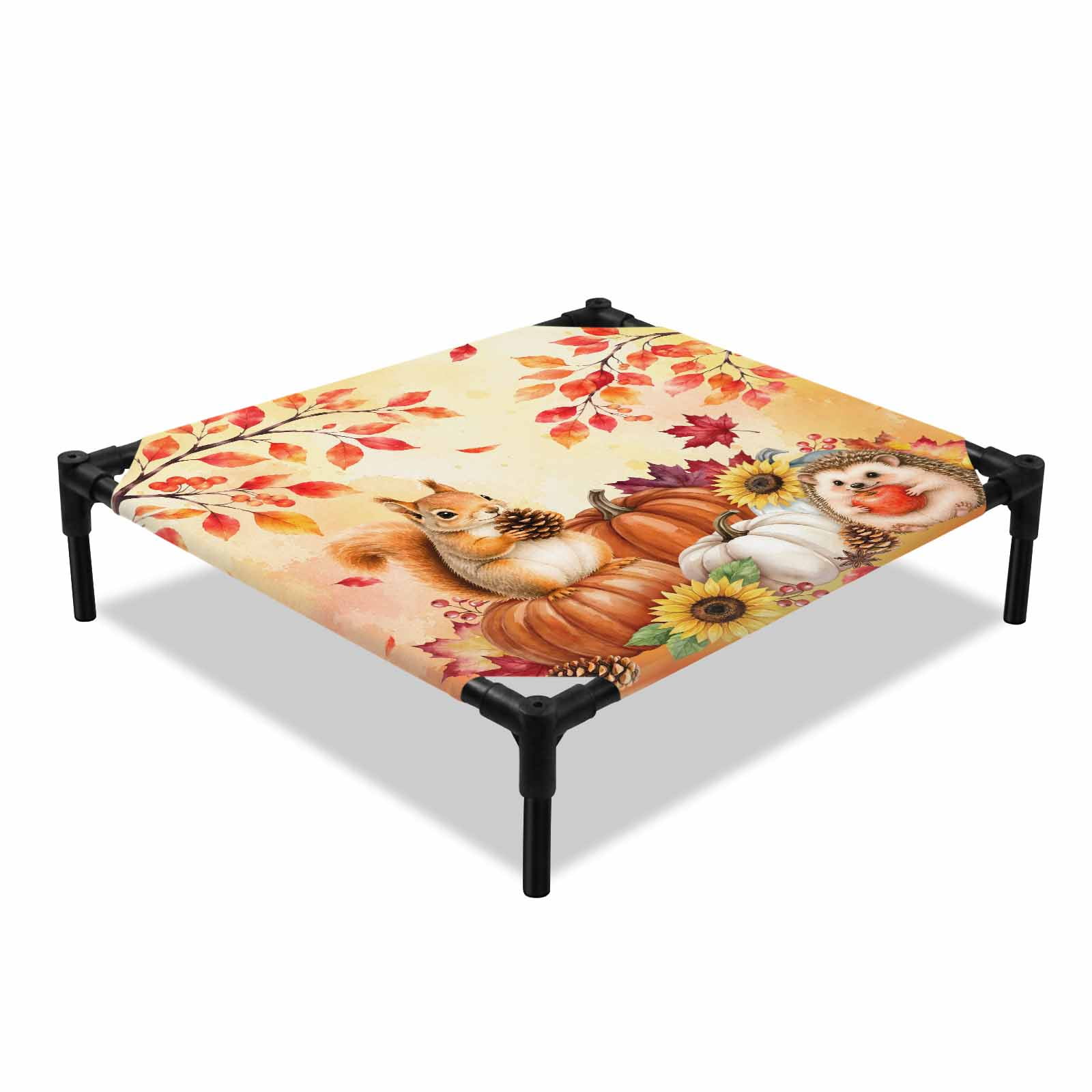 Thanksgiving Fall Elevated Dog Bed Rustic Orange White Pumpkin Squirrel Hedgehog Cooling Breathable Outdoor Raised Dog Cot Bed with Metal Frame Non-Slip Feet for Small Dog 20x20in