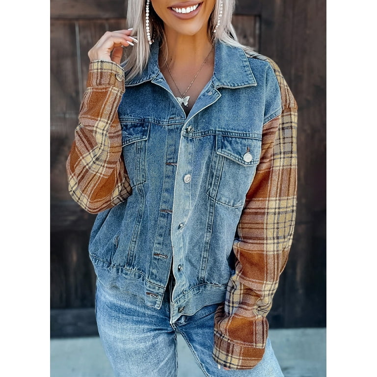 Denim jacket top with plaid sleeves