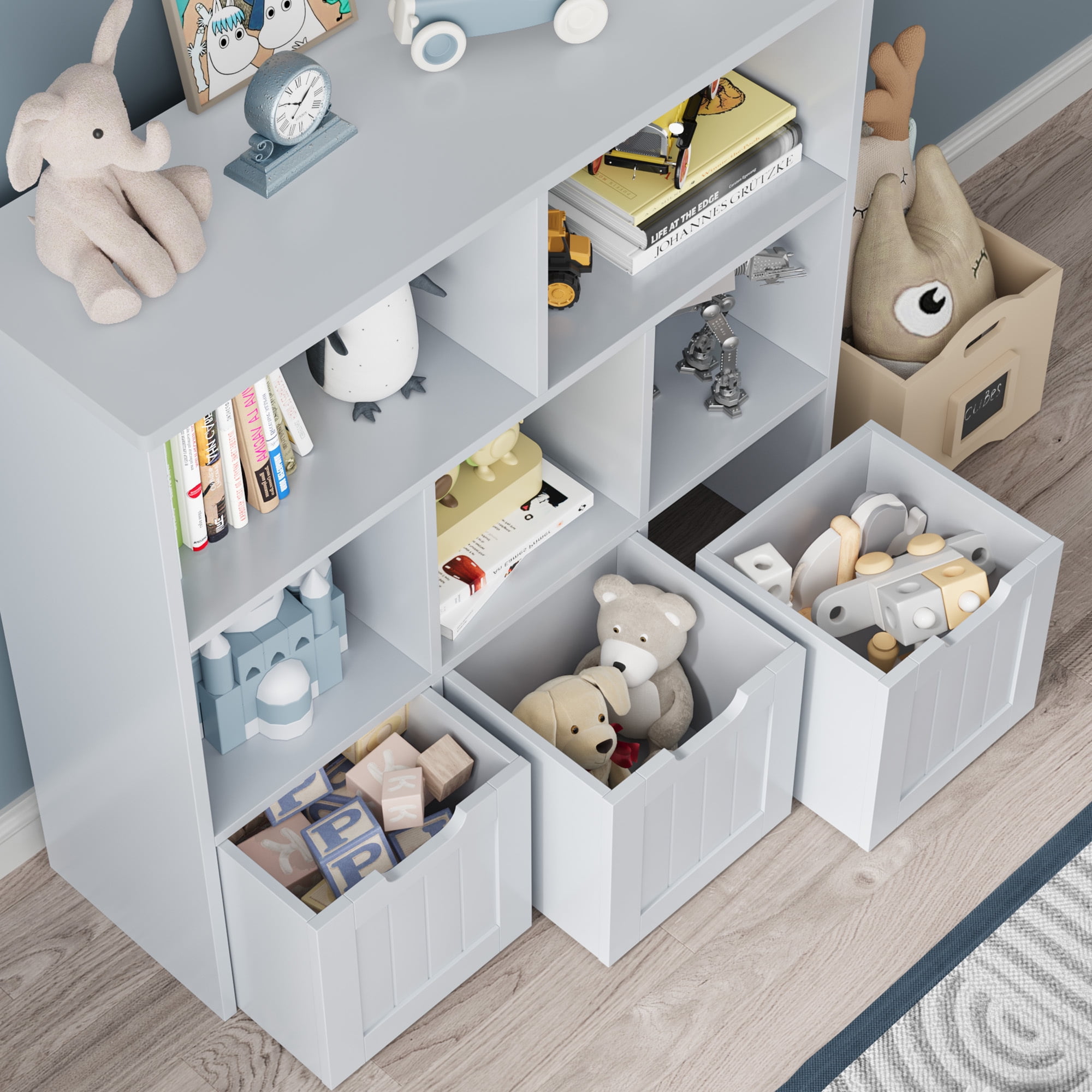 Homfa Toy Storage Organizer with 3 Movable Drawers, 5 Cube Kids Bookcase for Playroom, Storage Cabinet for Living Room, Gray Finish