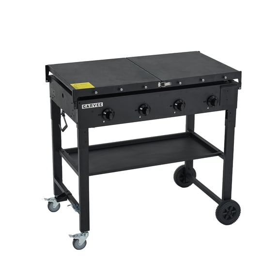 Heavy Duty 36-Inch Propane Gas Griddle Grill - 4 Portable Grills, 60,000 BTU, Flat Top Outdoor BBQ with Cast Iron Plate, Collapsible Shelves, Wheels, Easy Clean - For Patio, Backyard, Camping