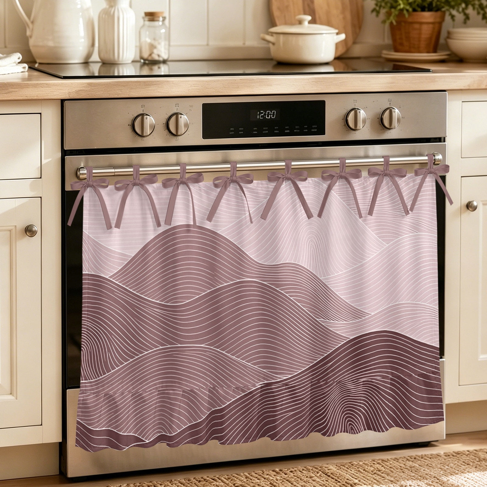 Abstract Orange Waves Oven Skirt with Ribbon Ties&Ruffled Trim - Line Faces Handmade Oven Curtain for Dishwasher Washing Machine Cabinet Effortless Install Hide Clutter 32 x24