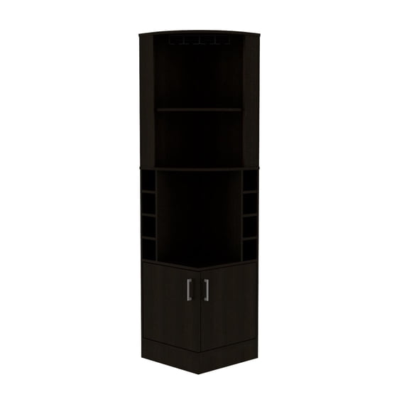Tuhome Syrah Corner Bar Cabinet with Two External Shelves, Stemware Rack, Eight Cubbies