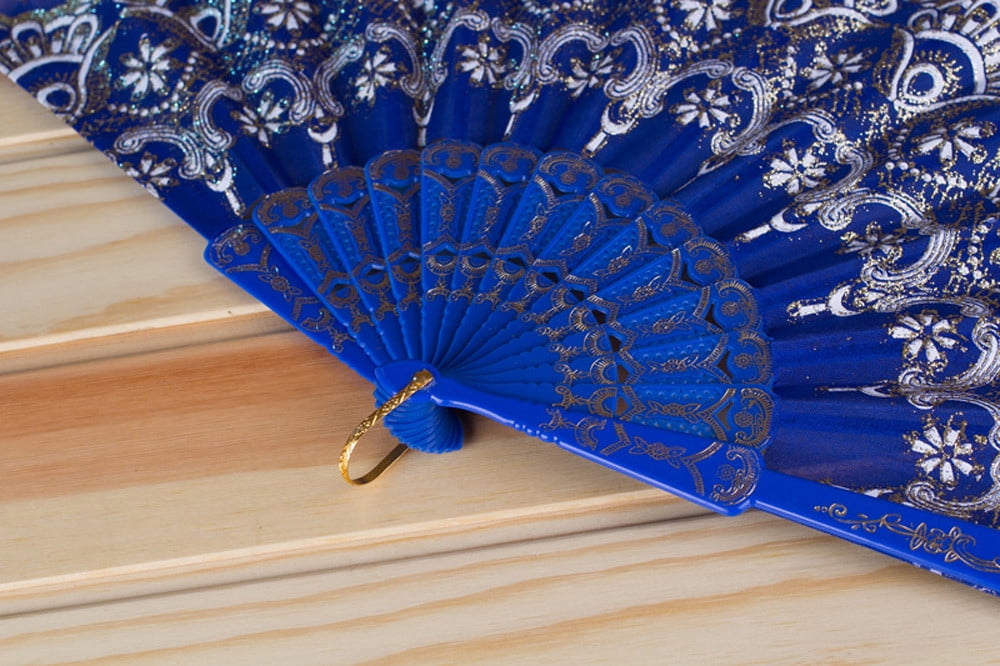 Spanish Style Blue Dance Wedding Party Lace Silk Folding Hand Held Fan Flower