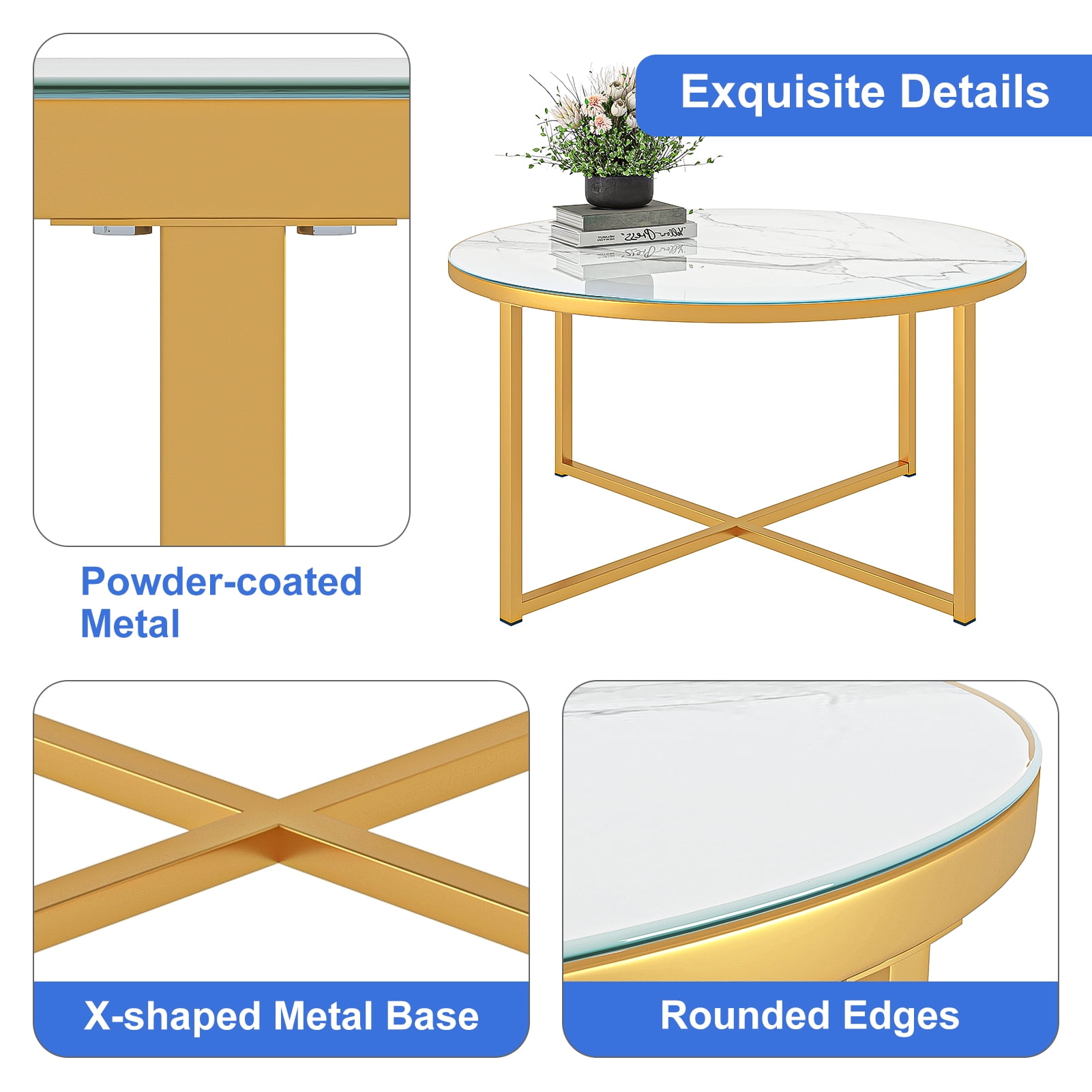 Kadyn Cross Legs MDF Coffee Table, Modern Metal Coffee Table with Metal Base, Round Table Cocktail Table for Living Room, Golden Kadyn Cross Legs MDF Coffee Table, Modern Metal Coffee Table with Metal Base, Round Table Cocktail Table for Living Room, Golden