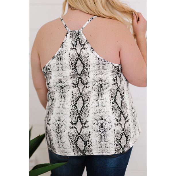 ABPHQTO Camiseta de tirantes de espagueti con empalme de encaje de piel de serpiente de talla grande dorada para mujer