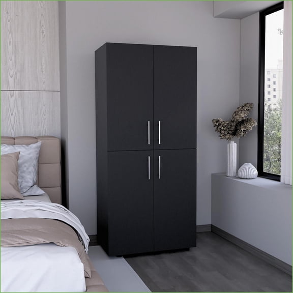 Armoires & Wardrobes | 70.8" 4-Door Black Wardrobe Closet with 6 Shelves & 2 Hanging Rods | Particle Board