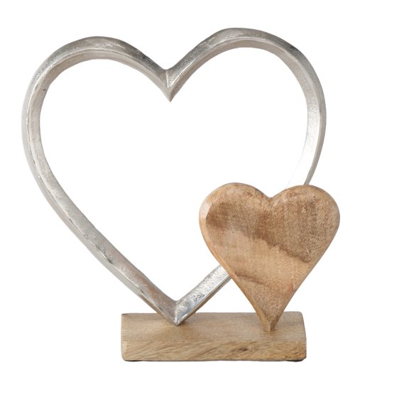 WHW Whole House Worlds Eternity Double Heart Figurine, Hand Cast Silver Aluminum, 10 Inches, Mango Wood Accents, Gallery Base
