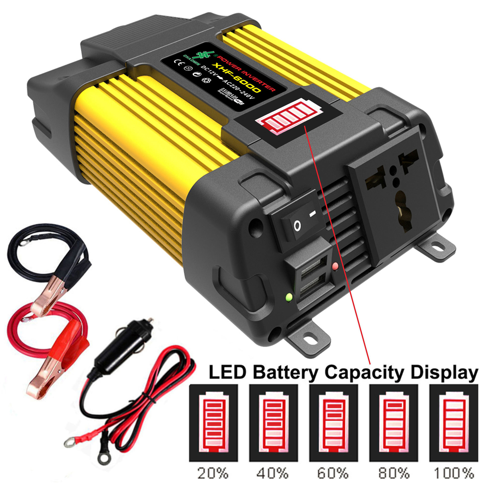 New 6000w 12v To 220v/110v Car Power Inverter Converter Charger Adapter Inversor Usb Led Display Transformer(blue/yellow)