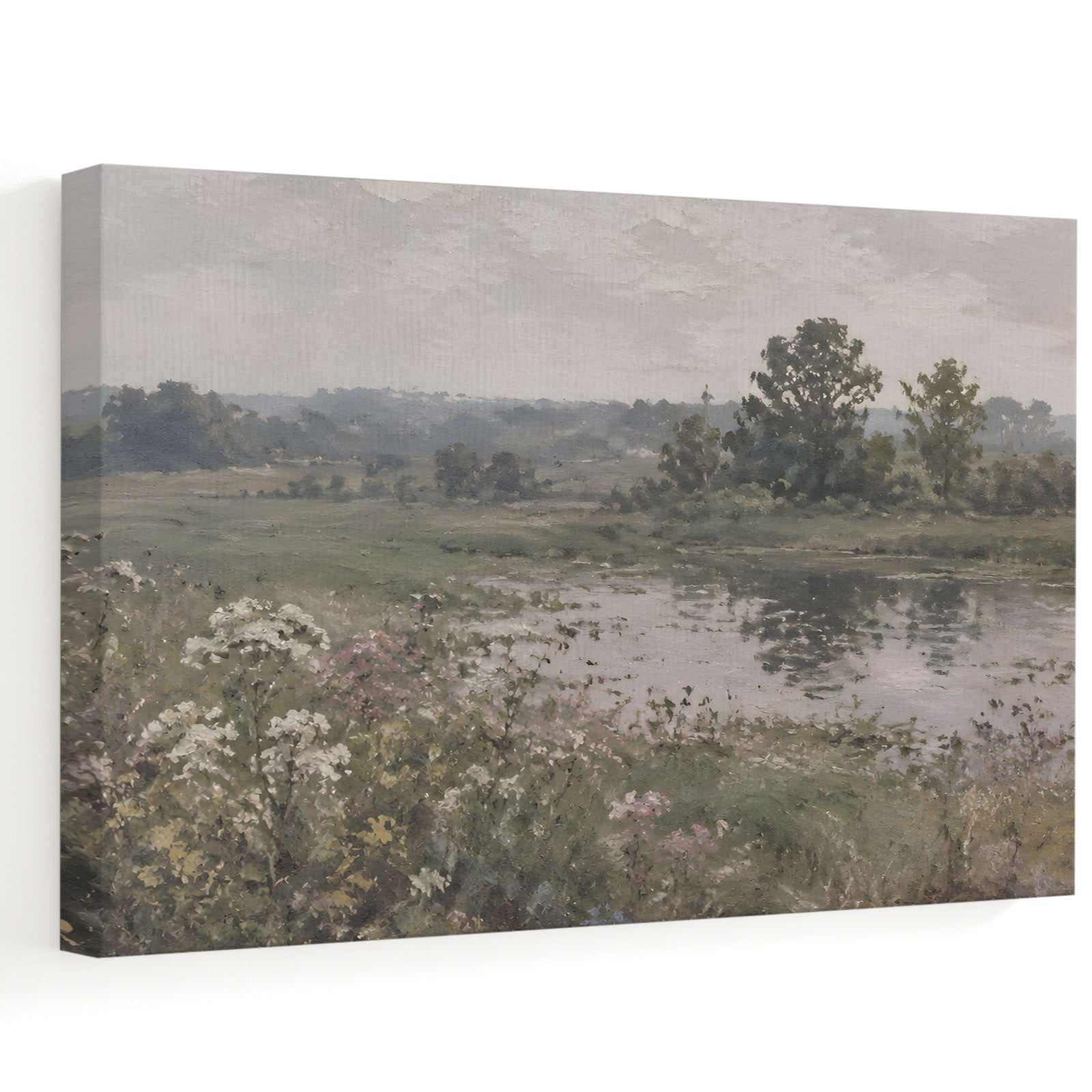 Meadow Wildflowers Canvas Wall Art 24 x 18 Nostalgic River Trees Serene Countryside Frame Picture Prints Ready to Hang Waterproof Artwork Decor for Living Room Bedroom Above Sofa Office