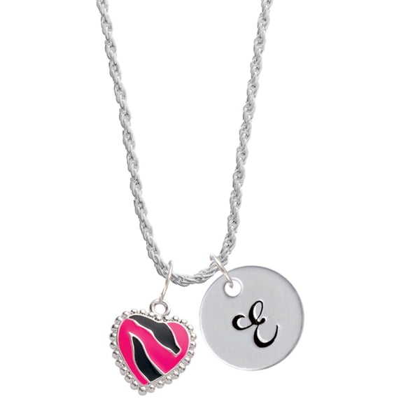 Delight Jewelry Silvertone Hot Pink Zebra Print Heart Silvertone Script Initial Disc - E - Charm Necklace, 20"+3"