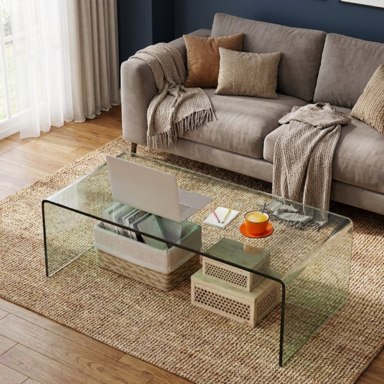 Furnibear Clear Glass Coffee Table, 42.5 Inch Rectangle Tempered Glass Coffee Table with Rounded Edges for Living Room, Transparent