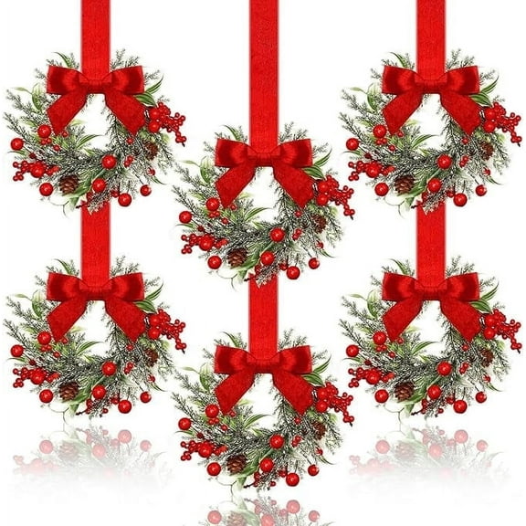 6 Pcs 6" Christmas Wreath Mini Cabinet Wreaths for Kitchen with Ribbon Bows Red Berry Small Window Wreaths for Window Door Farmhouse Wreath Christmas Party Decorations