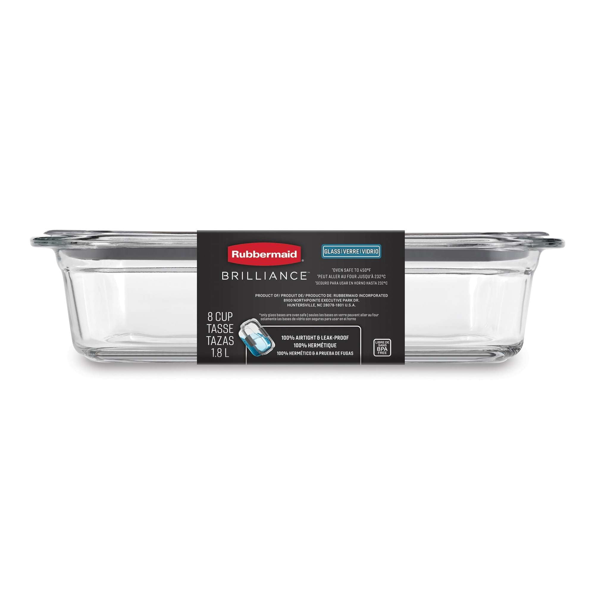 Rubbermaid Brilliance Glass Food Storage Container with Lid, BPA Free and Leak Proof, 8-Cup