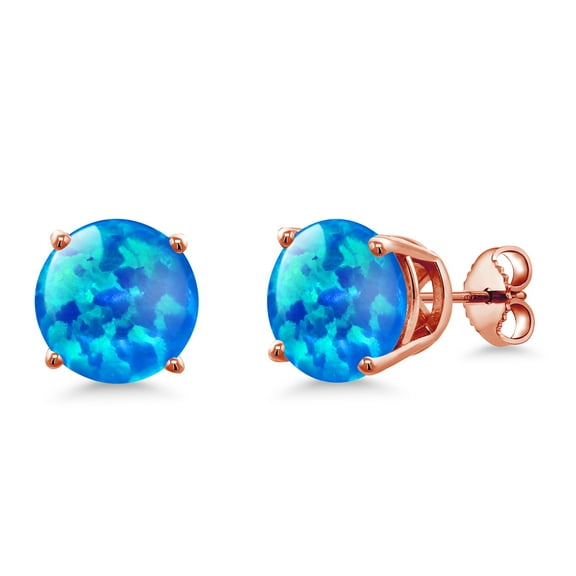 Gem Stone King 1.88 Ct Round Cabochon 10mm Blue Simulated Opal 18K Rose Gold Plated Silver Stud Earrings for Women Men
