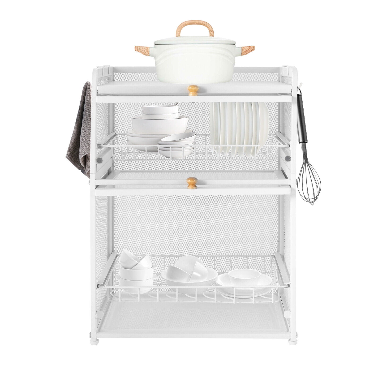 3 Tier Dish Drying Rack Dish Storage Cabinet with Door, Free-Standing Kitchen Plate Cup Dish Drying Rack Tray Shelf Storage Holder Organizer House Ware Dish Organizer for Home Kitchen (White)