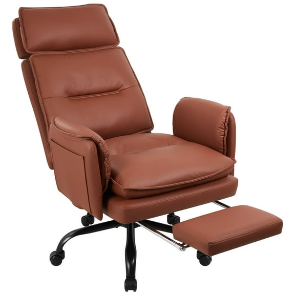 Big Tall Office Chair 500lb Executive Desk Chair with Wide Seat, Reclining, Lumbar Support Adjustable Headrest, Faux Leather, Brown