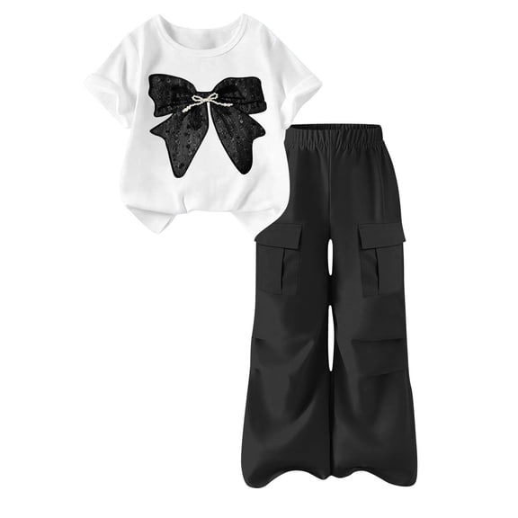 Zpanxa Girl Outfits Sets Girls Denim Bow Graphic Tee and Cargo Wide Leg Pants Set 2 Piece Casual Outfit