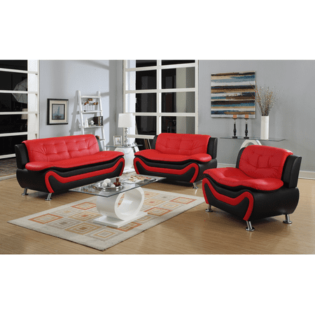 Frady 3 pc Black and Red Faux Leather Modern Living Room Sofa