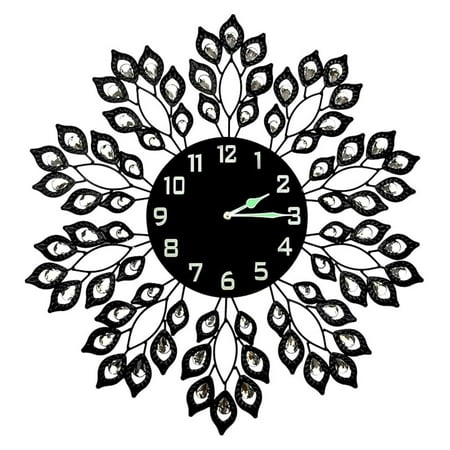 , 25â Black Leaf Metal Wall Clock, 9â Black Glass Dial with Arabic Numbers, Decorative Clock for Living Room, Bedroom, Office Space