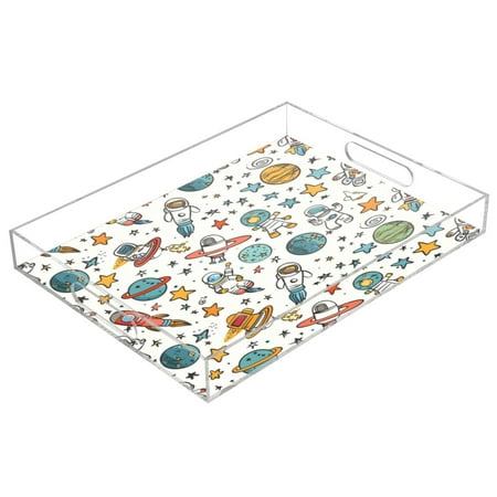 Acrylic Tray 15.7*11.8*1.9 Inch Transparent Tray Food Tray Tea Cup Tray Serving Trays Cosmetics Storage Kitchen Table Bathroom Sundry Storage Planets and Rockets
