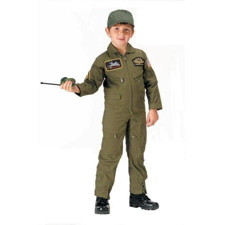 Kids Top Gun Flight Coveralls with Patches, Pilot Costume, Olive Drab