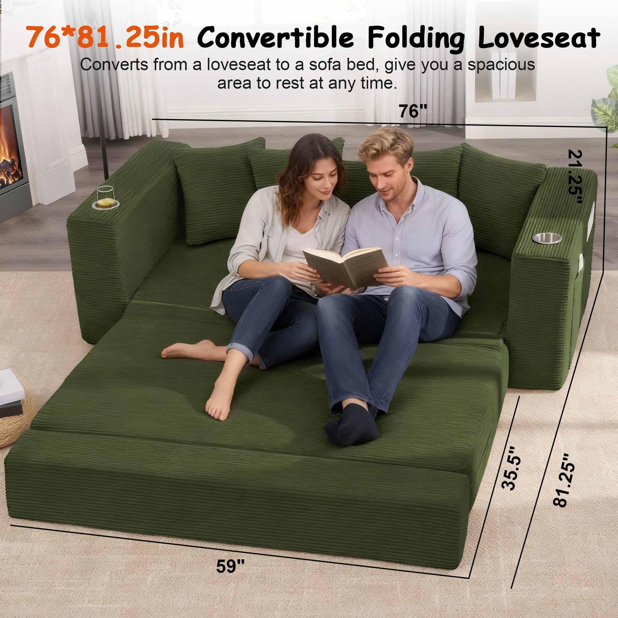 Lunale 2-in-1 Convertible Sofa Bed, Boneless Futon Cloud Couch, No Assembly Required, Pull Out Sleeper Sofa for Living Room, Green Corduroy