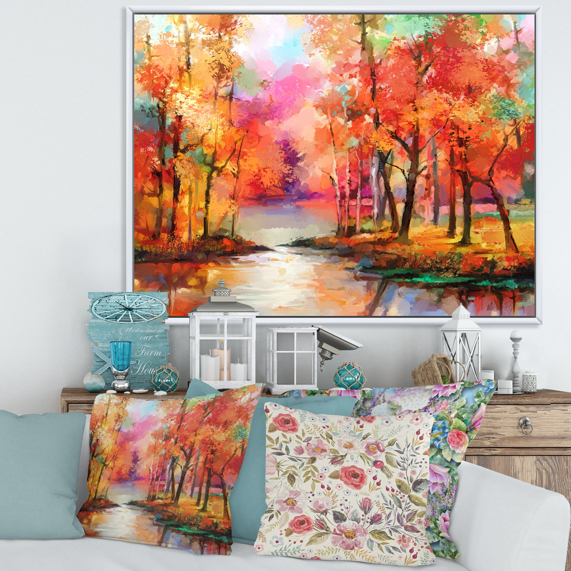 Designart 'The Lake In Autumn By Colorful Autumn Trees' Modern Framed Canvas Wall Art Print