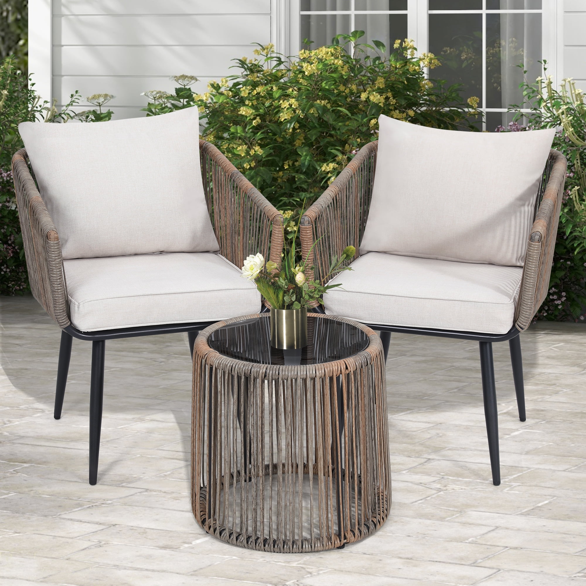 LOGYAT 3 Piece Patio Rattan Bistro Conversation Set, Outdoor All Weather Wicker Furniture Chair Set with Glass Tabletop for Balcony, Porch and Backyard, Beige