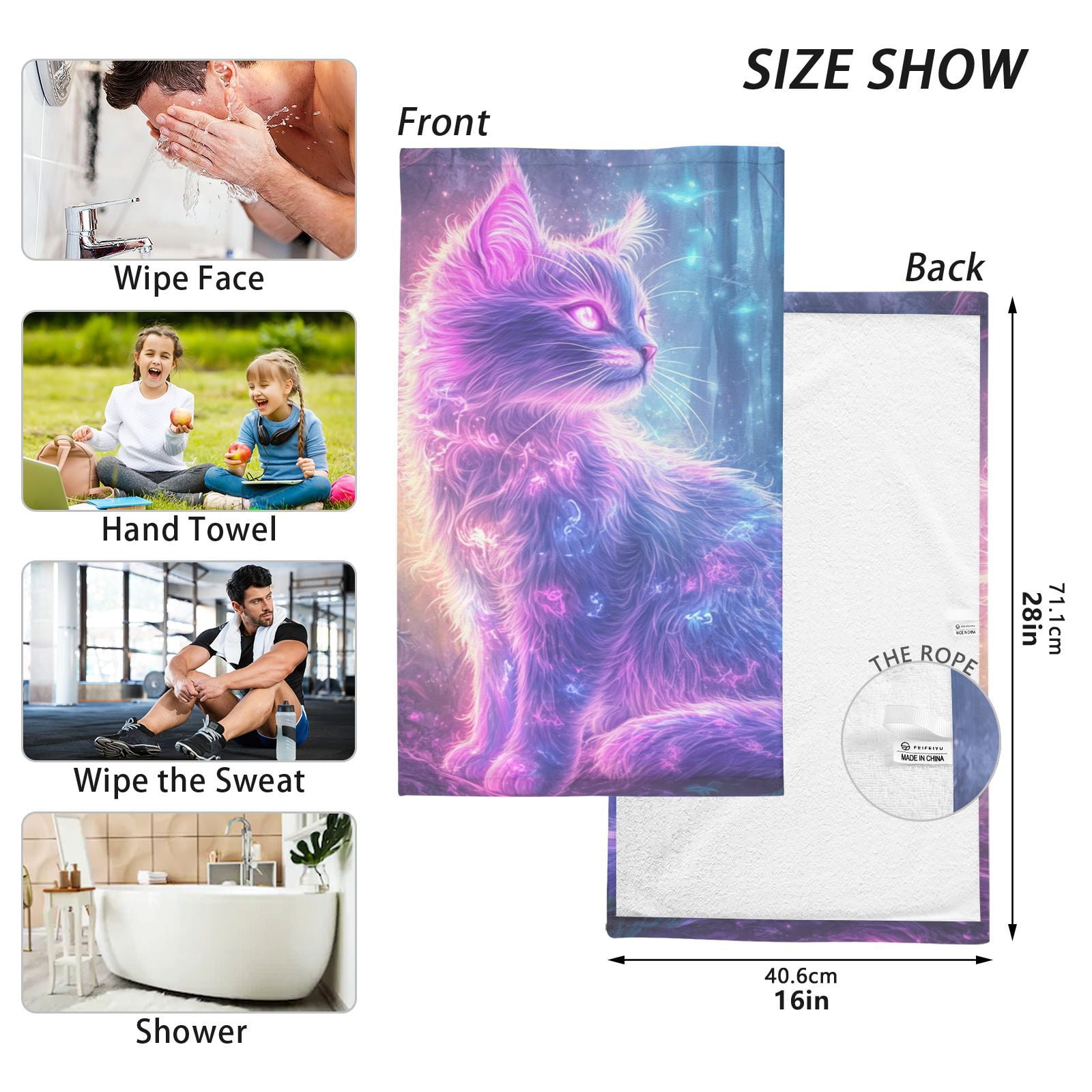 Cat Glowing Neon Hair Hand Towels Cotton Bath Towels Large Face Towels Absorbent for Bathroom 2 Packs