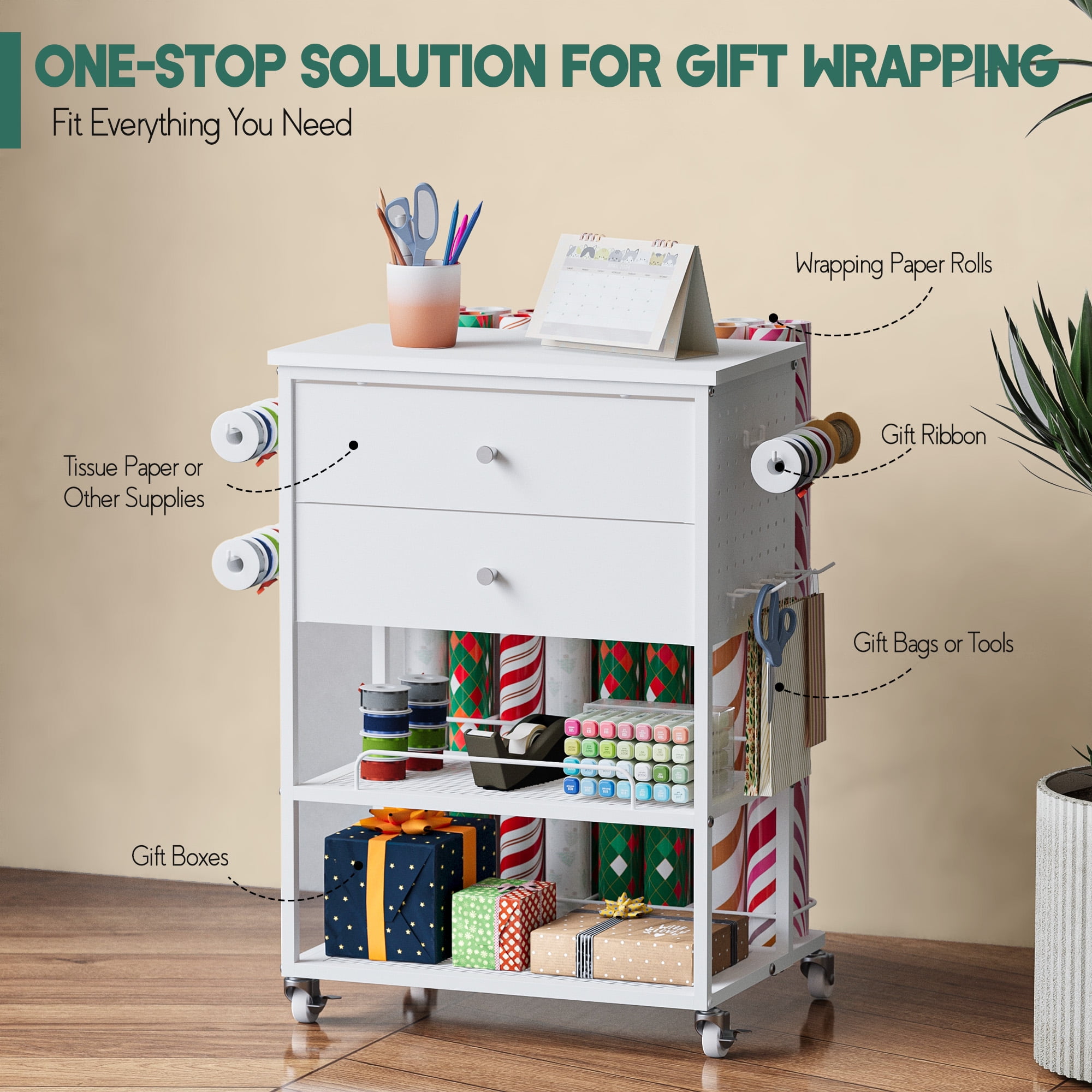 Wrapping Paper Organizer Wrapping Paper Storage Cart With 2 Drawers ...