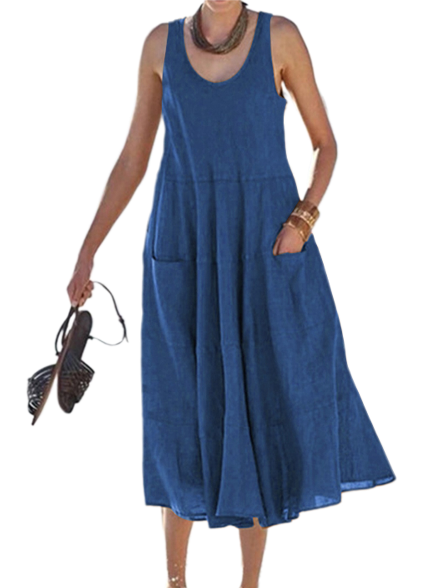 Women Summer Casual Sleeveless Tank Shirt Dress Crew Neck Long Maxi Sundress NEW
