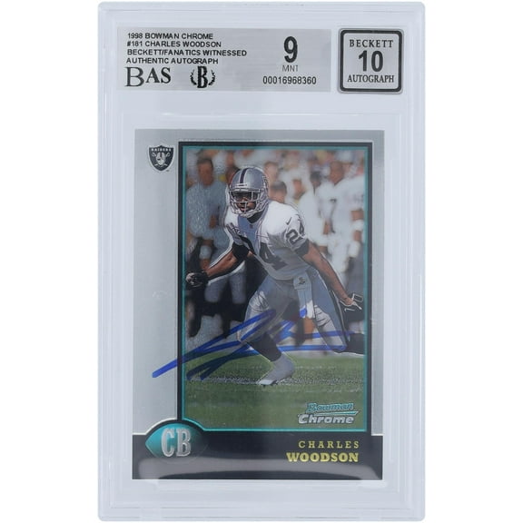 Charles Woodson Oakland Raiders Autographed 1998 Bowman Chrome #181 Beckett Fanatics Witnessed Authenticated 9/10 Rookie Card - Fanatics Authentic Certified