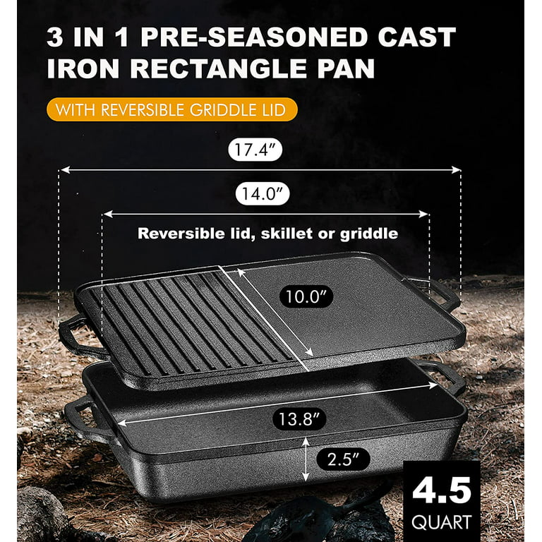 Bruntmor 2-In-1 Cast Iron Skillet Rectangle Roasting Pan With Reversible  Griddle Pan For Stove Top | 20x10 Multi Cooker Deep Roasting Grill Pan
